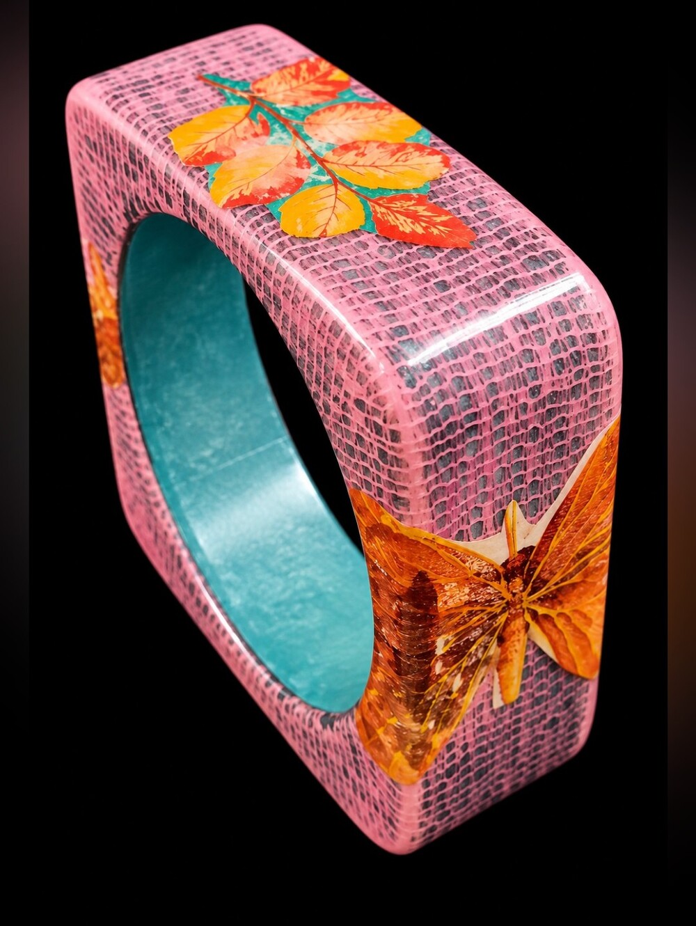Vintage 80s Pink Floral Butterfly Resin Bangle Bracelet